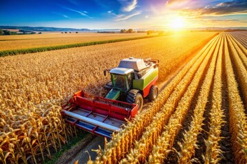 Fototapeta premium Aerial View of Combine Harvester Harvesting Ripe Cornfield - Agricultural Machinery at Work
