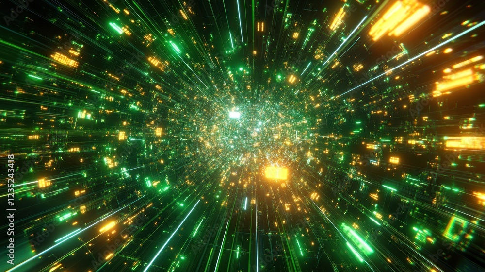 Poster Abstract Green And Gold Digital Data Stream Visualization
