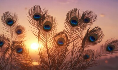 Obraz premium Delicate peacock feathers resembling wings against a sunset background, evening, nature