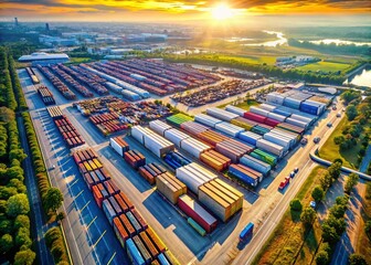 Aerial View of Extensive Logistics Center - Distribution Hub, Warehouses, and Transportation Network