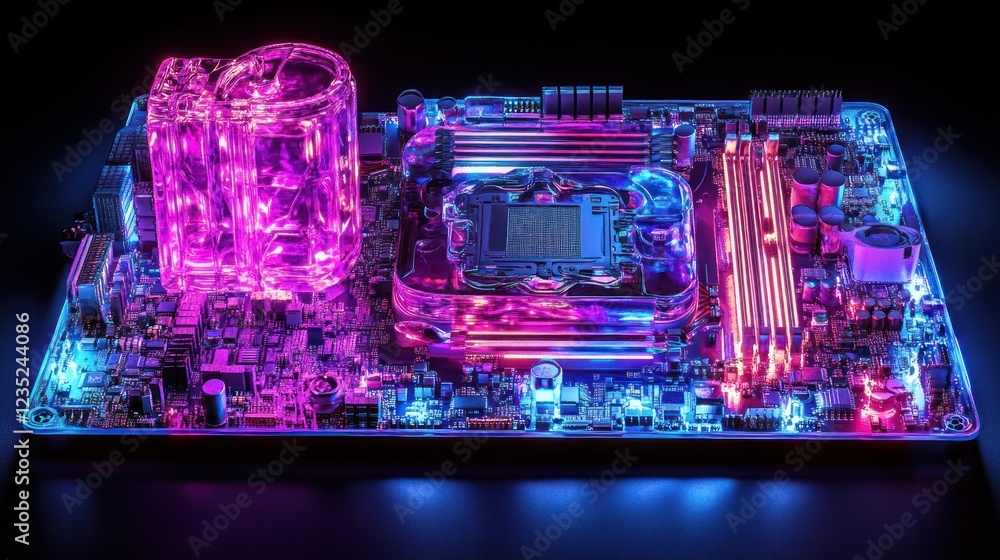 Poster Illuminated Computer Motherboard with Liquid Cooling System