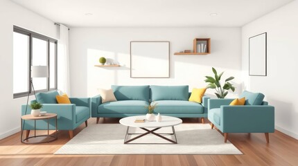 Fototapeta premium living room with a minimalistic design. It features a coffee table, light-colored sofa, plants, and framed artwork on the wall, vector illustration 