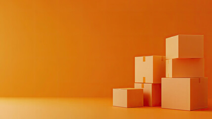 Minimalist Stack of Cardboard Boxes on Vibrant Orange Background