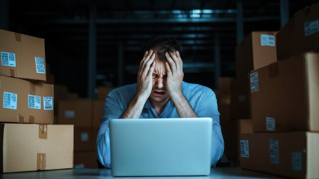 A stressed individual sits at a laptop surrounded by boxes, conveying feelings of overwhelm and frustration in a dimly lit environment.