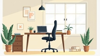 Fototapeta premium Stylish office workspace with a chair and desk setup, vector illustration 