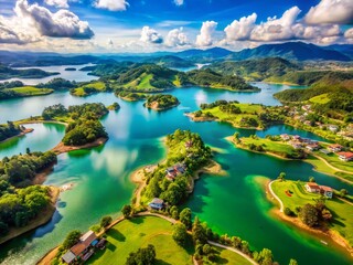 Fototapeta premium Aerial View of Guatape Lake, Colombia: Stunning Turquoise Waters & Picturesque Islands
