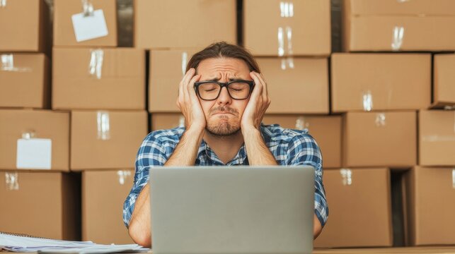 A stressed man in glasses sits at a laptop surrounded by stacked cardboard boxes, depicting a sense of overwhelm and frustration.