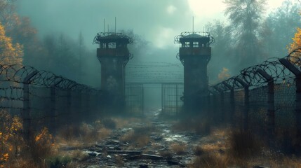 Fototapeta premium A desolate scene with two old prison cells and a fence