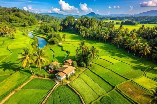 Aerial View of Lush Green Rice Paddy Fields in Rural Matale, Sri Lanka