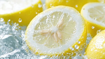 Fresh lemon slices splashing in water, close-up