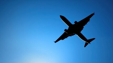 Silhouette of a sleek airplane flying against a clear blue sky during early morning hours. Generative AI