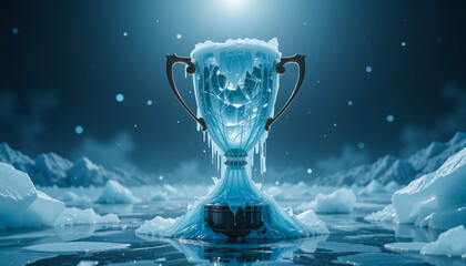 Climate change trophy - melting ice, dramatic glow, space for ad text.