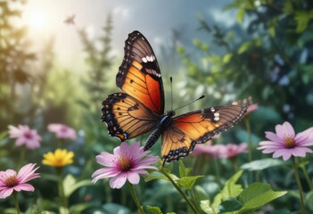 Obraz premium Der Schmetterling landet auf einer Blume im Garten mit Wasserfarben und Aquarell Stil, schmetterling, garten