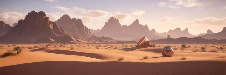 Fototapeta premium Desert landscape with abstract geometric shapes, colors, desert