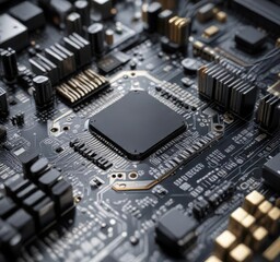 Fototapeta premium Digital circuit board with wires and microchips, computer hardware, wires