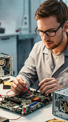 Technician repairing electronic circuit board using multimeter probes to check connections. Repair concepts, workshop, technology, diagnostics, measurement, equipment, troubleshooting, innovation