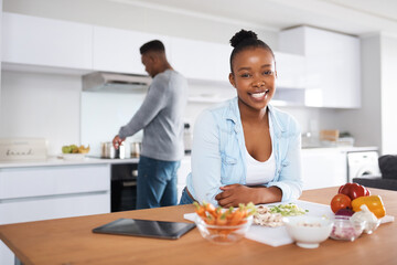 Happy, ingredients and portrait of black woman in kitchen with husband cooking healthy dinner....