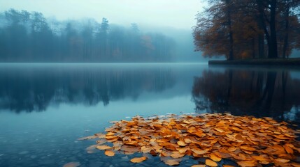 Obraz premium A lake with a foggy sky and trees in the background