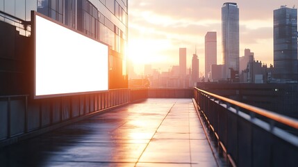 Urban sunset scene featuring a blank billboard and city skyline.