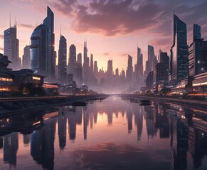 Distant landscape of a futuristic cityscape at dusk, blue, dusk