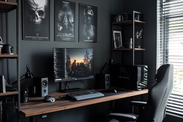 Dark modern home office setup with gaming PC, desk, chair, and shelves.