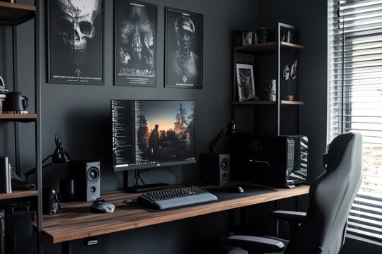 Dark modern home office setup with gaming PC, desk, chair, and shelves.