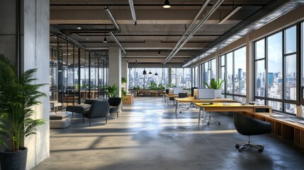 Sketch of creative modern coworking office interior with bright city view and concrete flooring. Design, repairs, refurbishment and workplace style concept. 3D Rendering