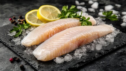 Fresh Fish Fillets with Lemon and Herbs on Ice