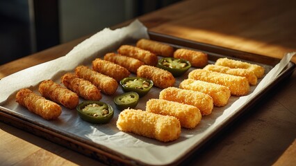 Golden Fried Cheese Sticks with Sliced Jalape&ntilde;os on Tray