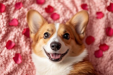  Happy corgi lying on a soft pink blanket, surrounded by scattered rose petals, ears perked up and tail wagging in pure Valentine’s joy.