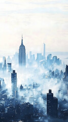 Foggy Manhattan skyline, skyscrapers emerging from clouds, aerial view, cityscape background, ideal for travel brochures