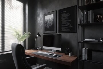 Dark modern home office with desk, computer, and bookshelf.