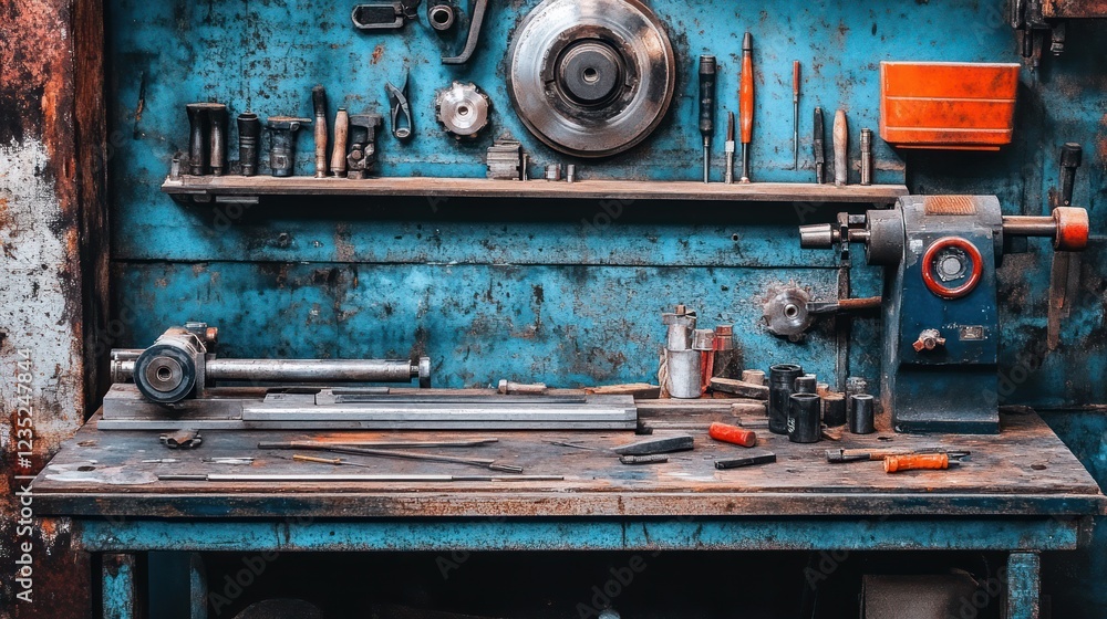 Aufkleber rusty workshop bench with tools and machinery