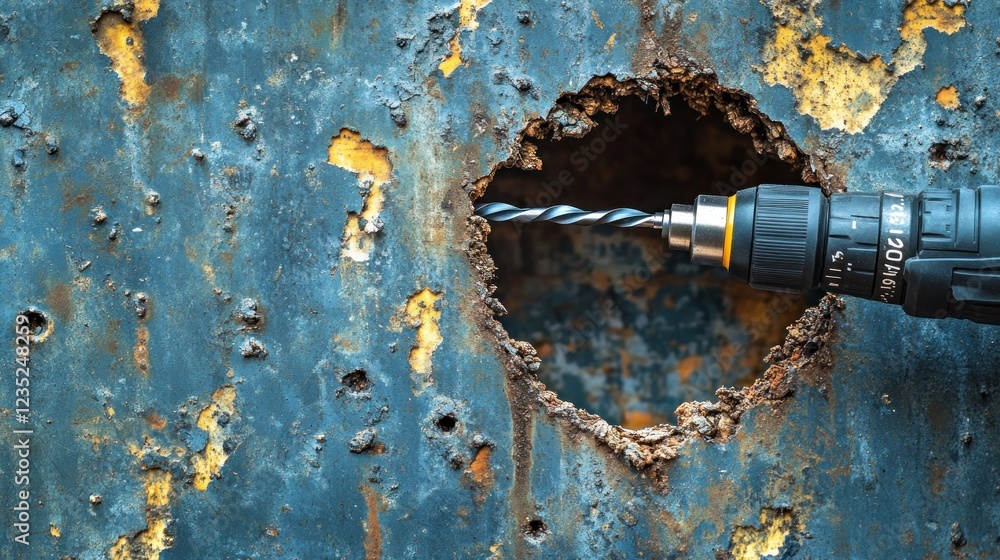 Wall mural Drill enlarging hole in rusted metal sheet