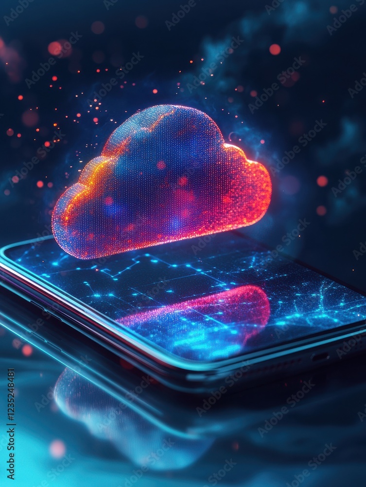 Poster angular cloud icon on a smartphone screen. cellphones synchronize data with online cloud storage