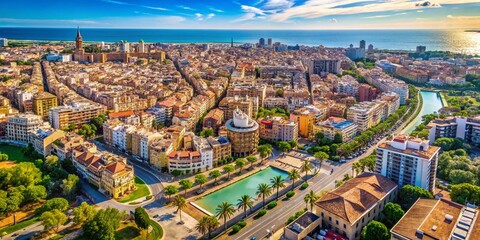 Fototapeta premium Aerial View of Valencia, Spain: Cityscape, Architecture, Coastline, Mediterranean Sea