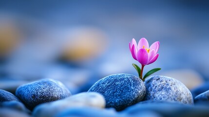 A small pink flower growing out of some rocks