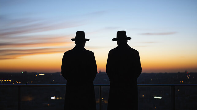 Two Haredi men in hats silhouetted against the sea, praying on an observation deck.