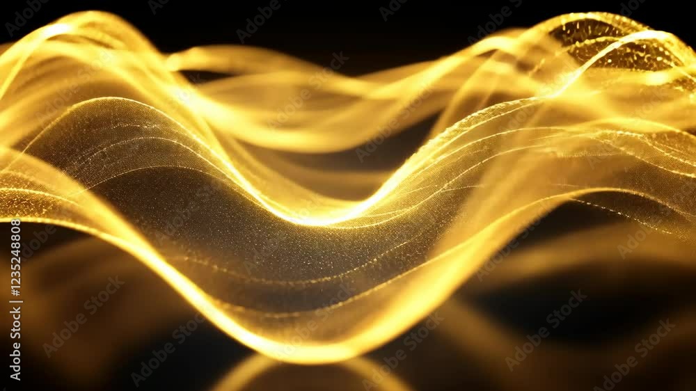 Poster vibrant golden waves creating a dynamic visual representation of sound and energy in a dark backdrop
