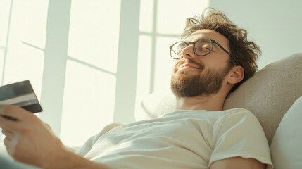 Young european man is lying on his sofa, holding a credit card with a relaxed smile while using a tablet, enjoying online shopping in the comfort of his home