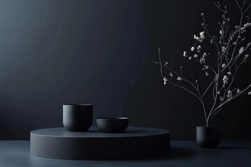 Dark moody scene with black bowls and floral branch on pedestal.