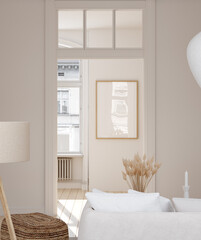 Mockup frame in interior background, white neutral room, Scandi-Boho style, 3d render