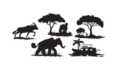 African Safari Silhouettes: Black White Minimalist Wildlife and Nature Vector Illustrations