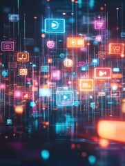 Conceptual illustration of digital content marketing with floating media icons and neon light interfaces, symbolizing online engagement, multimedia content, and data-driven marketing