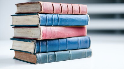 Stack of antique books on white table, blurred background