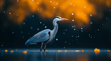 Fototapeta premium Graureiher im Regen, umgeben von herbstlichen Farben und Wassertröpfchen