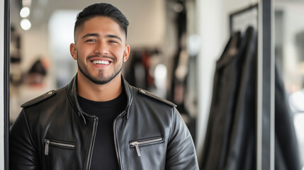 Naklejka premium Happy customer smiling and trying on new leather jacket while shopping in clothing store, enjoying his purchase and looking satisfied with his choice