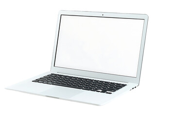 Laptop with blank screen isolated on white background, white aluminium body.Whole in focus. High detailed. Template, mockup.