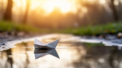 Small white origami paper boat floating serenely on a crystal-clear puddle, reflecting trees in a park at sunset, evoking a relaxing and inspiring atmosphere of tranquility