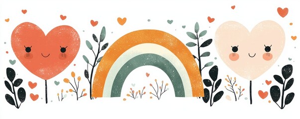 Adorable cartoon hearts and rainbow illustration with cheerful colors